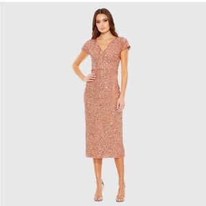 Mac Duggal Sequined Short Sleeve Wrap Over Cocktail Dress Sz 8 Copper